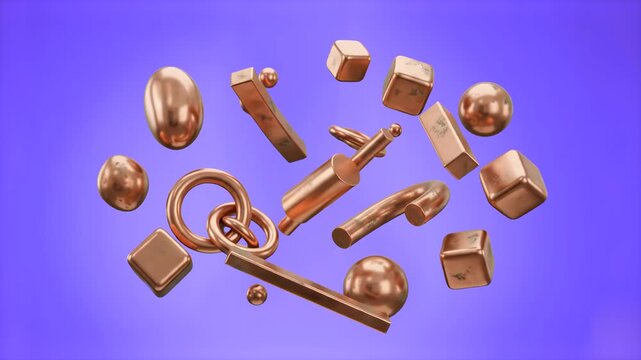 A loopable 3D animation featuring a cluster of smooth, metallic copper elements&mdash;including rings, cubes, rods, and spheres&mdash;rotating and floating against a solid purple gradient background. Great for lu