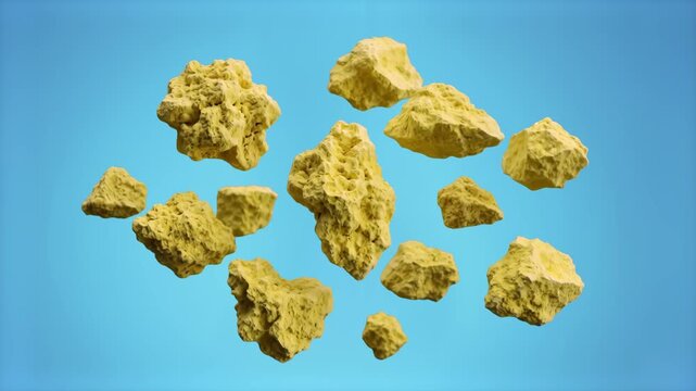 A clean 3D composition of yellow sulfur mineral rocks and raw ore pieces falling through the air, set against a solid blue backdrop. Ideal for industrial presentations, chemistry tutorials, mineral ex