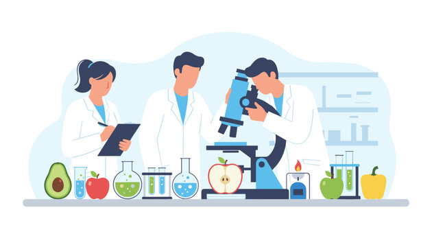 Professional laboratory scientists analyzing food quality and organic nutrition values using modern microscopes.