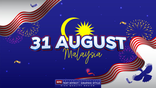 Editable 3d text effect 31 august malaysia with national flag for banner template