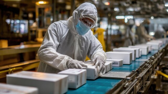 Pharmaceutical worker in cleanroom suit inspecting boxes on production line
