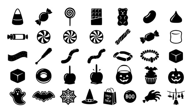 Spooky Halloween Candy Icon Set with Candy Corn Wrapped Sweets Lollipops and Trick or Treat Silhouette Vector Collection