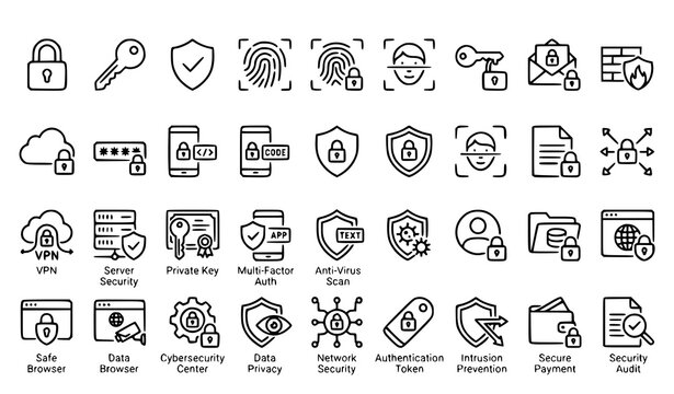 Cybersecurity and Secure Data Transfer Line Icon Collection Vector Set