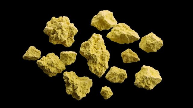 Jagged yellow sulfur stones and unrefined mineral chunks fall dynamically through the frame against a solid black backdrop. Perfect for chemistry education, geology animations, mining industry concept