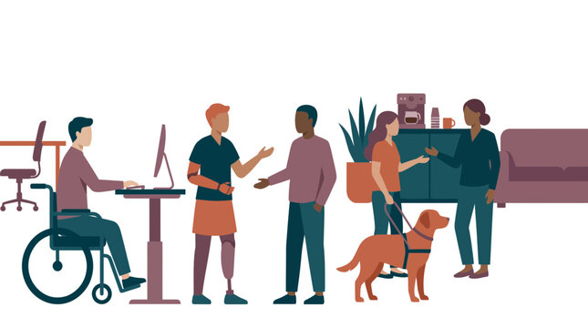 Diverse professionals with disabilities including wheelchair user and guide dog owner collaborating in modern office workspace, representing inclusive workplace culture and provides equal growth