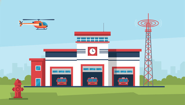 Municipal fire station building with three fire engines in the garages, a helicopter, and a red fire hydrant.
