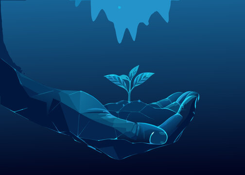 Hand Holding Sprout Low Poly Vector Illustration In Blue Tones