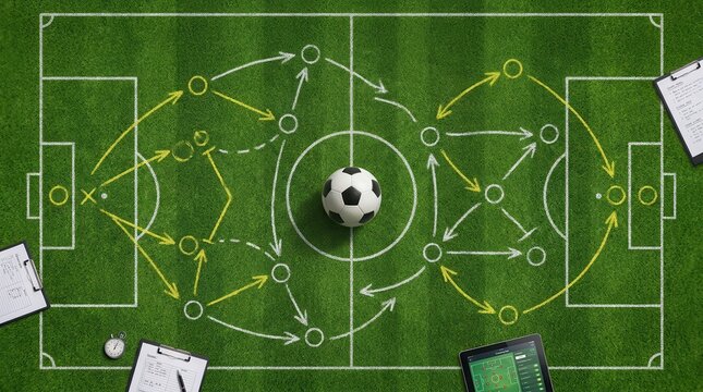 Soccer Strategy Board with Ball and Tactics Diagram.