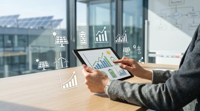 Business professional analyzing renewable energy data on tablet with holographic charts of solar panels, wind turbines