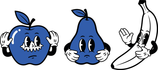 Fototapeta premium Retro Cartoon Fruit Mascot Characters Vector Set: Vintage Rubber Hose Style Blue Apple, Pear, and Banana Illustrations for Kid Branding, Groovy Stickers, and Nostalgic Food Graphic Design
