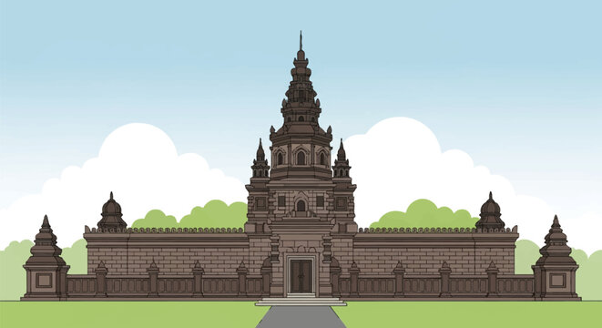 Flat vector illustration of a traditional Javanese stone temple in Yogyakarta, Indonesia, featuring a central multi-tiered spire, brick walls, and stupas under a clear blue sky.