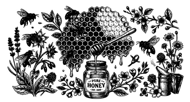 Vintage Beekeeping Tools and Bees Vector Illustration Black and White Honey Sketch Graphics