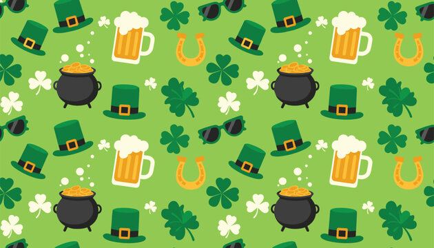 Saint Patrick's Day seamless pattern with green leprechaun top hats, gold coin pots, beer mugs, shamrocks, and horseshoe.