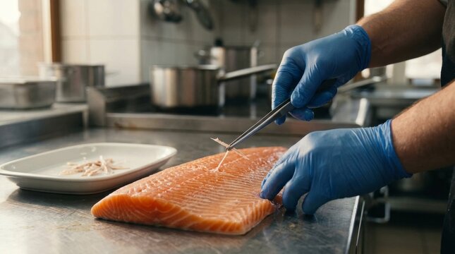 Chef in blue gloves removing bones from fresh salmon fillet.