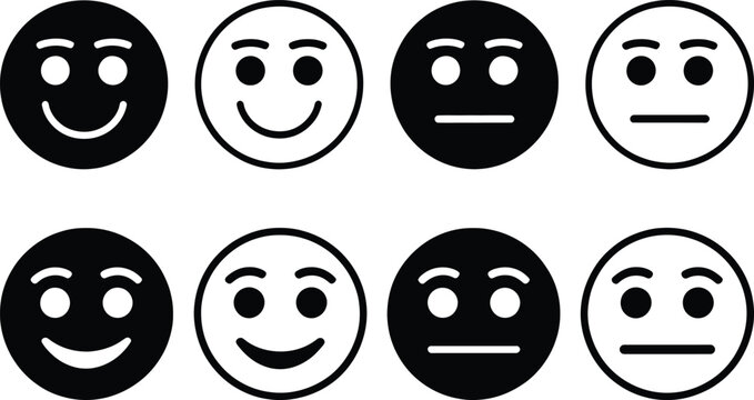 Set of black emoji vector icons with a transparent background, each icon showcasing a different facial expression.