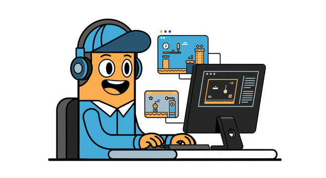 Cartoon Game Developer Working on Computer