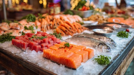 Obraz premium Fresh seafood display on ice at fish market with salmon tuna and shrimp