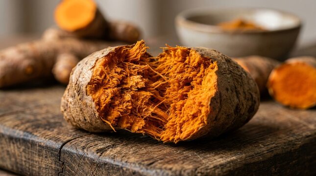 Fresh broken turmeric root on rustic wooden surface.