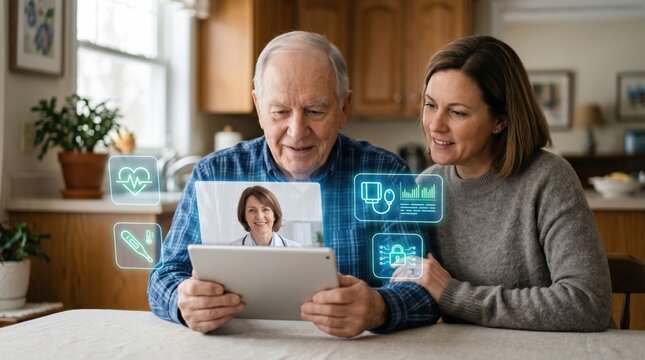 Senior man and daughter using tablet for telemedicine video consultation with doctor at home, digital healthcare and remote medical support concept