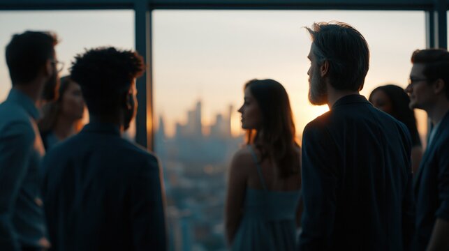 Diverse business professionals observing city skyline during sunset from high rise building