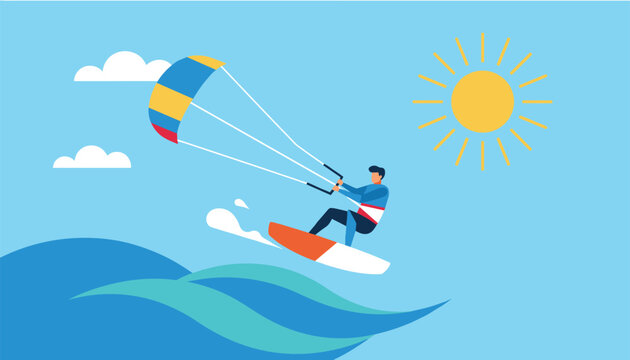 Kitesurfer riding fast ocean waves on a surfboard while holding a colorful power kite under a bright sunny sky with fluffy clouds.