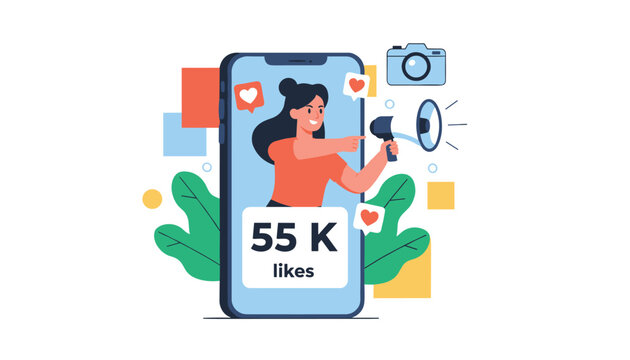 Social media influencer on a giant smartphone screen speaking into a megaphone to gain popularity, likes, and digital engagement.