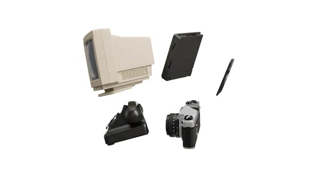 A clean 3D render showing a vintage desktop monitor, vintage camera, classic joystick, diskette, and pen suspended in space against a solid white backdrop. Great for minimalist tech advertisements, cl