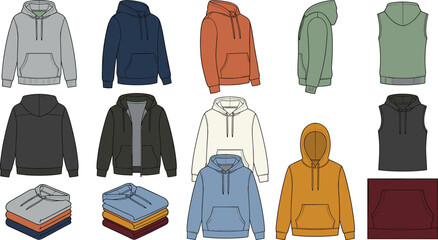 Hoodie and Sweatshirt Apparel Vector Mockup Set with Pullover Hoodies, Zip-up Jackets, Sleeveless Vests, and Folded Clothing Stacks © MstRanzina