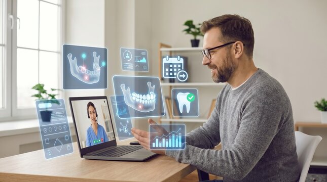 Man having online dental consultation via laptop video call, holographic tooth x-ray and jaw scan display, teledentistry service, remote healthcare appointment