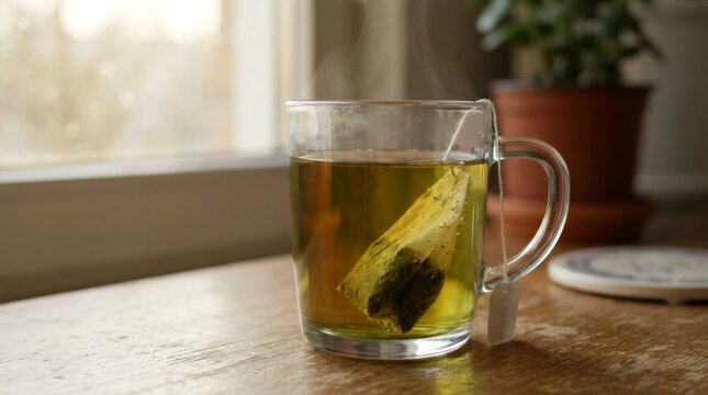 Glass mug of green tea with tea bag on wooden table.