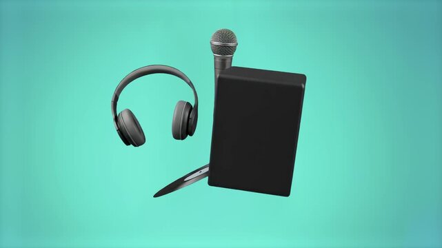Essential content creation equipment including wireless over-ear headphones, a microphone, notebook, and pen float in mid-air on a turquoise backdrop. Suitable for podcast promos, music production int