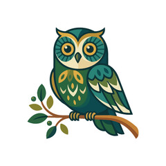 Obraz premium Stylized colorful owl illustration perched on a tree branch with green leaves.
