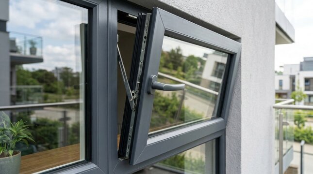 Modern dark grey aluminum window frame partially open on a residential building balcony.