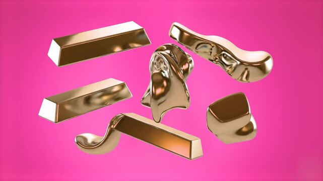 A vibrant abstract 3D graphic showing melting, distorted liquid gold blocks and metallic geometric bars floating gracefully over a solid pastel pink backdrop. The reflective golden surfaces create a s
