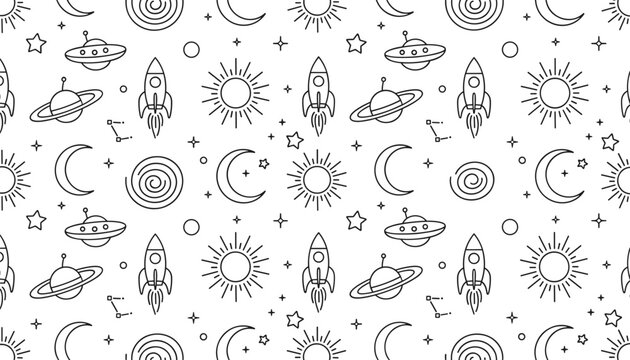Seamless line art pattern of outer space icons including rockets, space ships, planets, stars, crescent moons, and suns.
