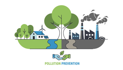 Fototapeta premium Environmental pollution prevention infographic comparing green eco energy house with a smoky polluting factory.