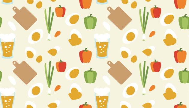 Seamless food background pattern with cutting boards, eggs, bell peppers, green onions, and glasses of beer.