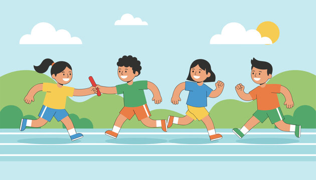 Group of diverse children enthusiastically running relay race and passing red baton on blue athletic track under sunny sky.