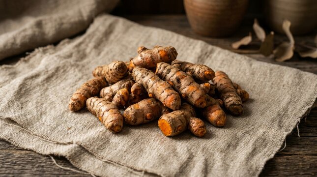 Fresh raw turmeric roots on rustic cloth background.