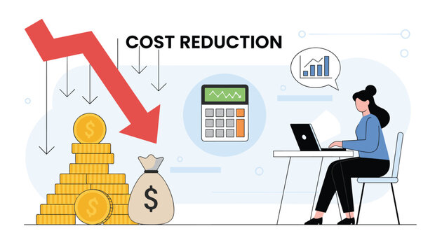 Businesswoman working on laptop to achieve cost reduction illustrated by declining red arrow over stacks of gold coins.