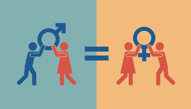 Conceptual illustration showing male and female figures carrying gender symbols with equal sign representing equality.