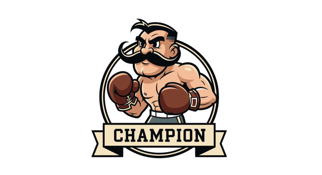 Vintage Boxer Champion Cartoon with Moustache and Boxing Gloves