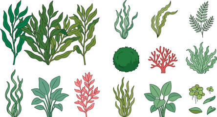 Aquarium Plants and Seaweed Vector Icon Set with Kelp, Marine Algae, Underwater Moss Balls, and Coral Reef Botanicals for Aquatic Aquascaping Graphic Designs © MstRanzina
