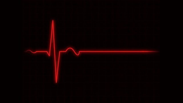 Heartbeat flatline electrocardiogram seamless looping screen animation of red neon signal on dark medical grid display 4K