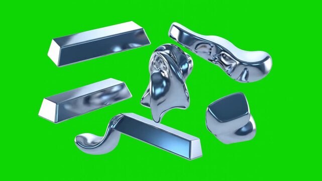 Metallic chrome and liquid mercury shapes float and ripple dynamically against a solid green screen backdrop. The high-gloss reflection and fluid movement make this 3D loop an exceptional asset for ab