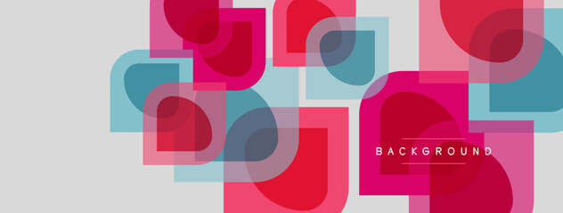 Fototapeta premium Abstract geometric shapes overlap. Pink, blue hues dominate light gray backdrop. Modern design, simple composition. Background text present.