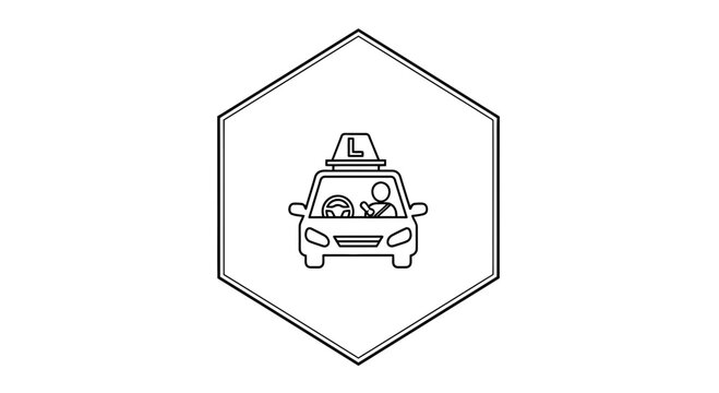 Driving School Car Icon with L Plate and Driver Inside Hexagon