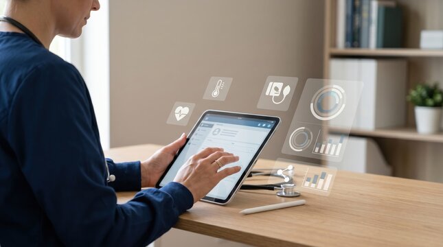 Doctor using tablet with digital health icons for telemedicine consultation, representing modern healthcare, medical technology and remote patient monitoring solutions