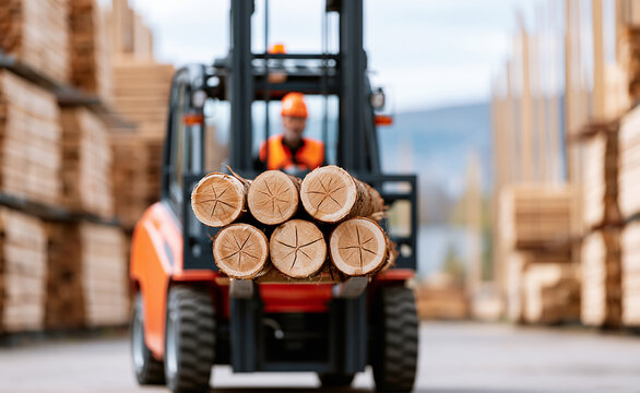 Orange forklift truck loaded with heavy raw timber logs on a site