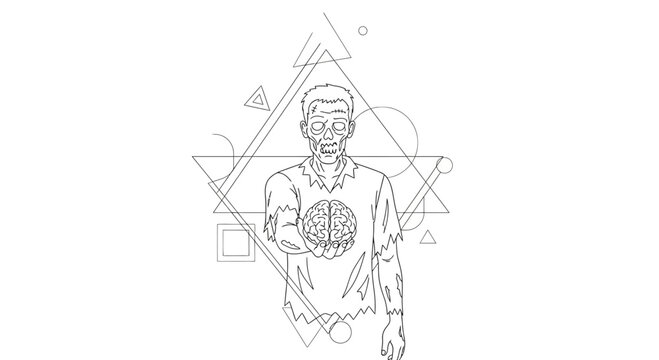 Zombie offering brain with geometric shapes, line art, horror, Halloween concept